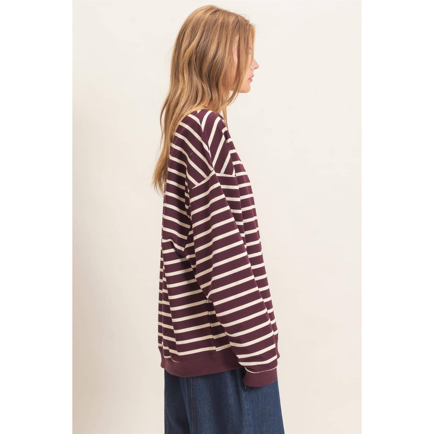 Striped Long Sleeve Pullover: GREEN/CREAM / S-M-L(2-2-2)