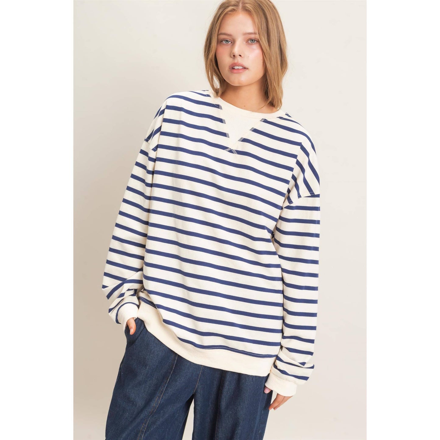 Striped Long Sleeve Pullover: GREEN/CREAM / S-M-L(2-2-2)