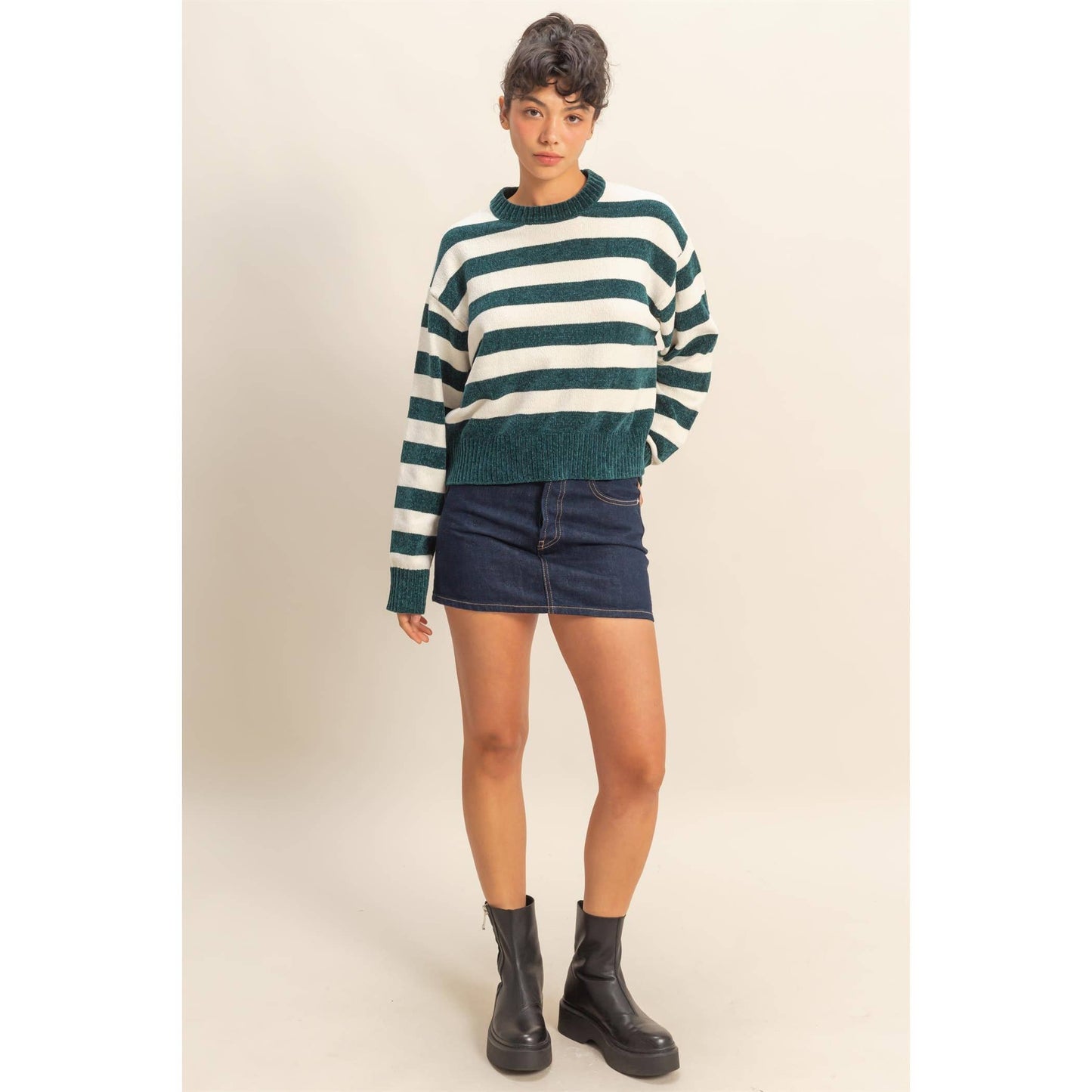 Striped Sweater With Ribbed Edge: DEEP GREEN/WHIP CREAM / S-M-L(2-2-2)