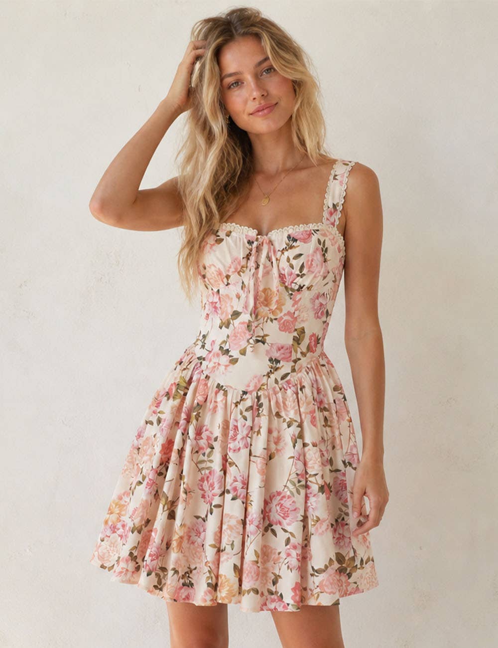 Ladies Boho Floral Square Neck Lace Trim Ruched Mini Dress: Light Yellow / L