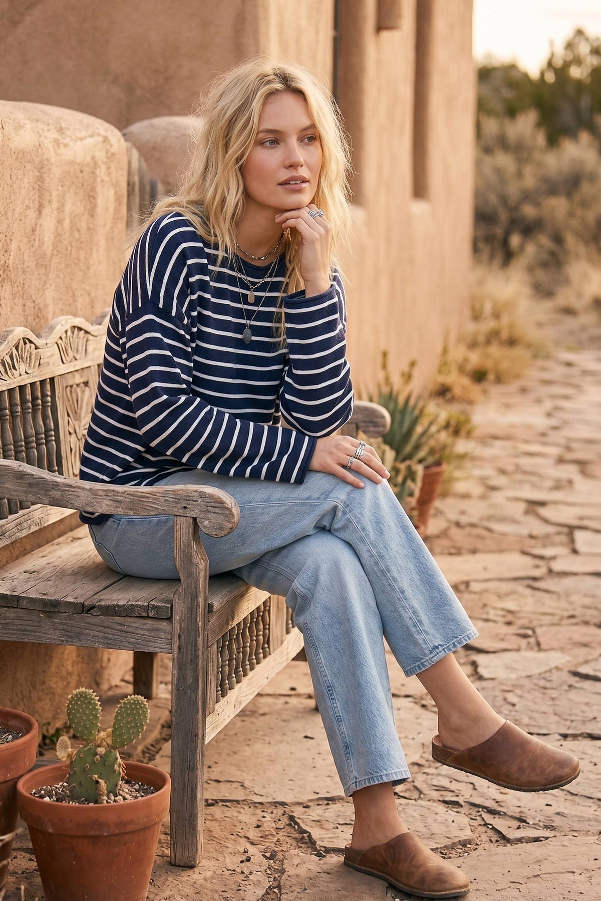 Oversized Lightweight Striped Sweater: HEATHER OATMEAL