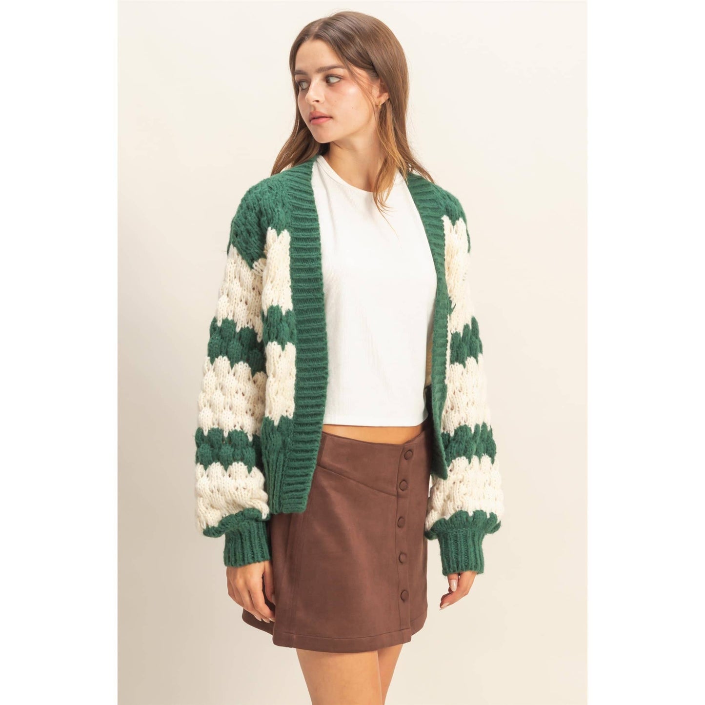 Oversized Cloud Pattern Knit Cardigan: D.GREEN / S-M-L(2-2-2)