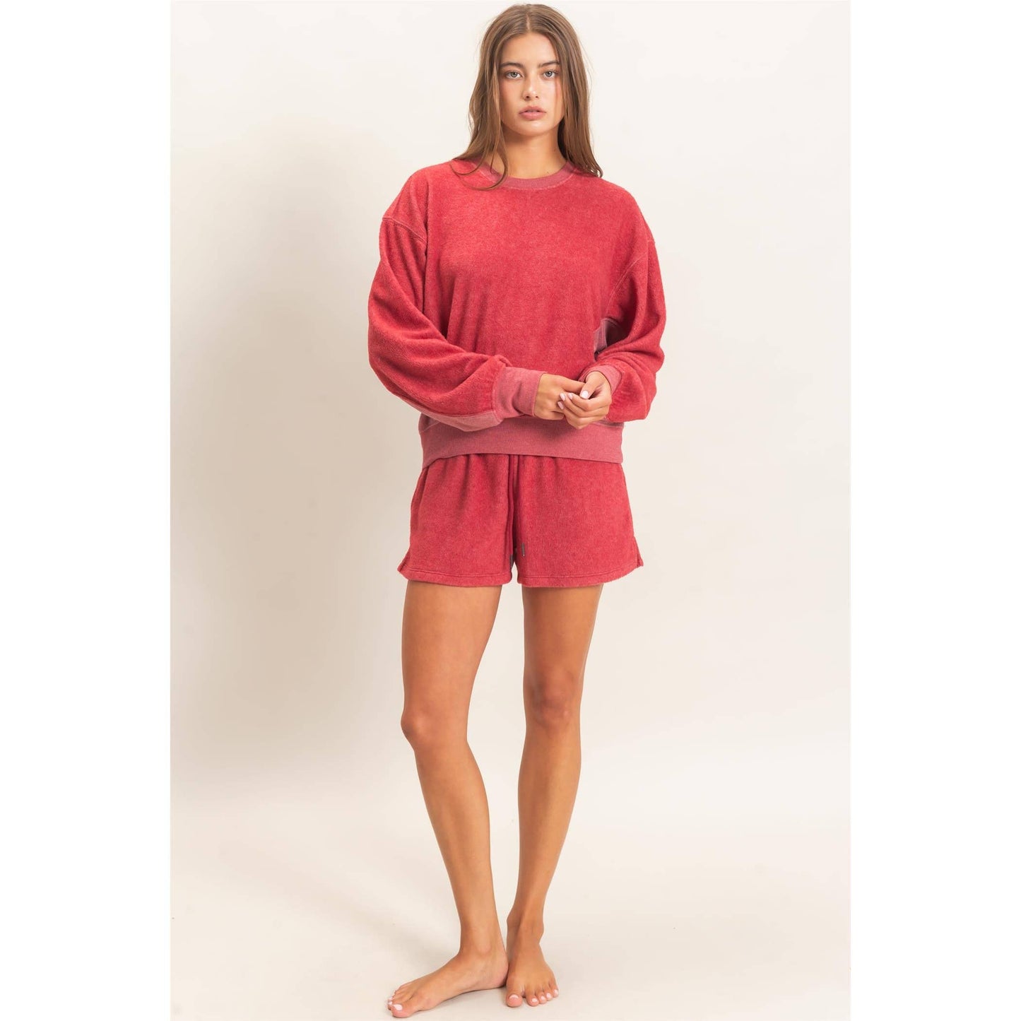 Contrast Sweatshirt & Shorts Set: DARK TEAL / S-M-L(2-2-2)