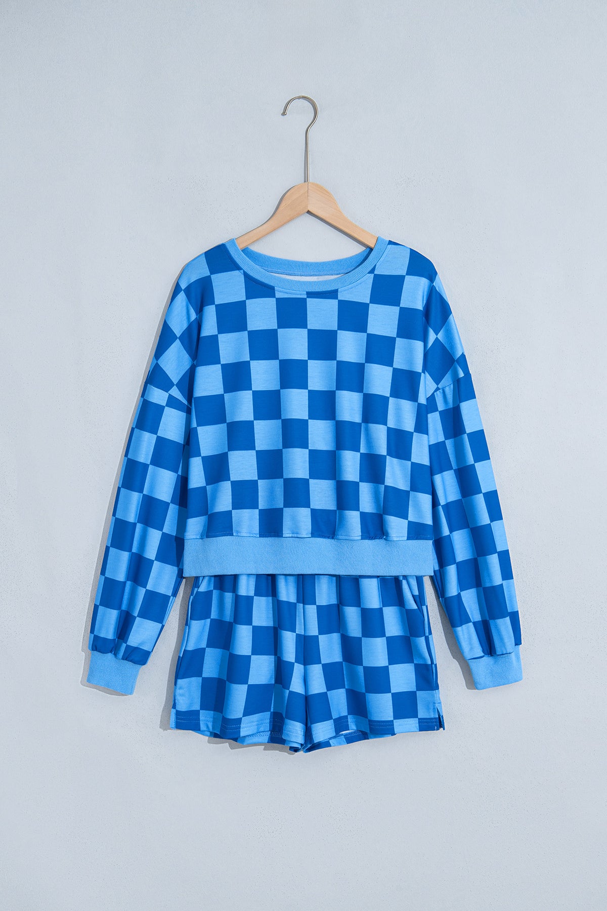 Plaid Checkered Long Sleeve Crop Top Elastic Waist Shorts Two Piece Set