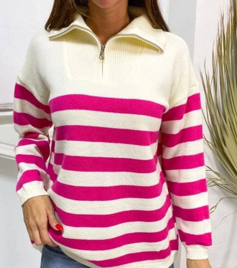 Half-zip striped sweater knit turtleneck sweatshirt: Green / S