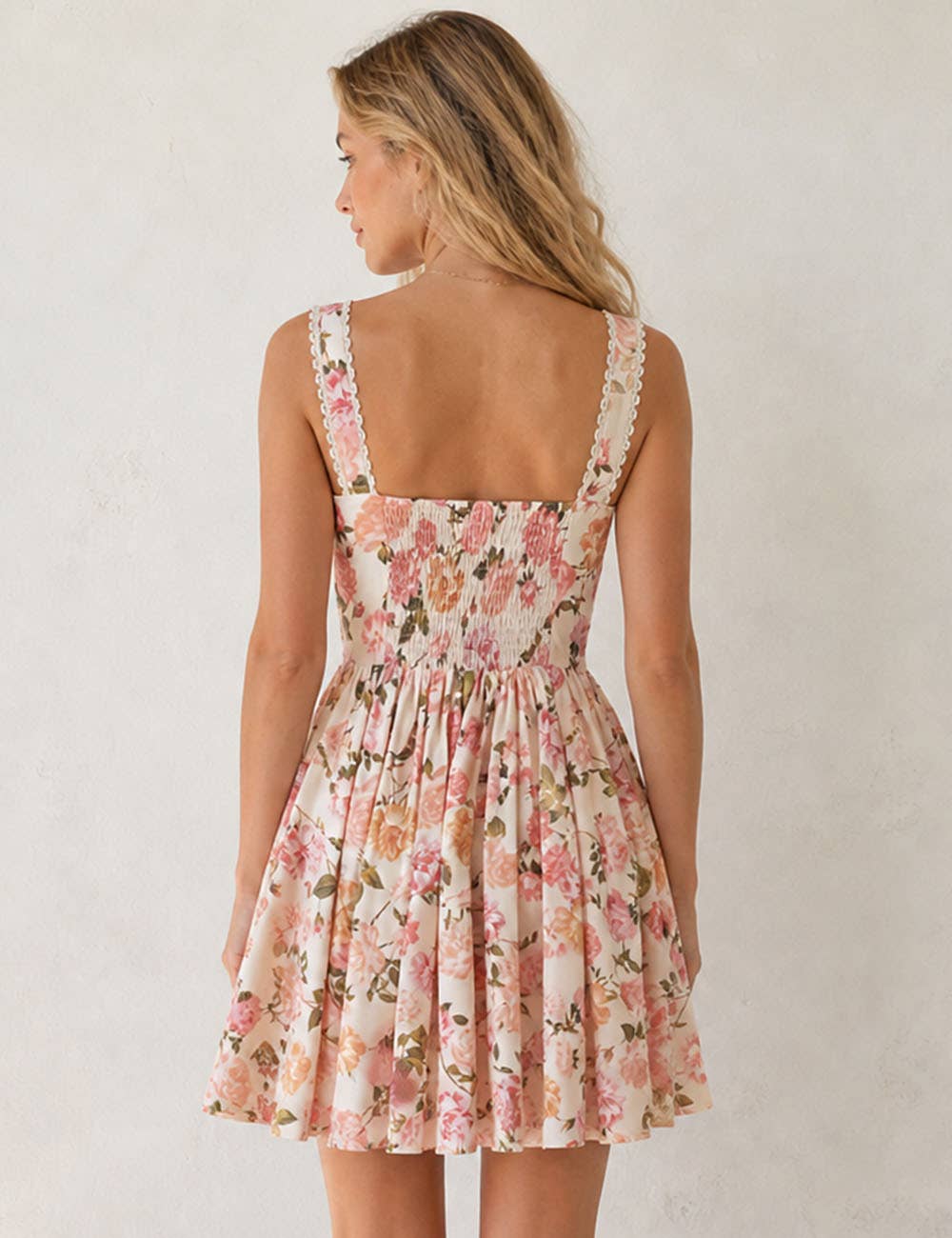 Ladies Boho Floral Square Neck Lace Trim Ruched Mini Dress: Light Yellow / L