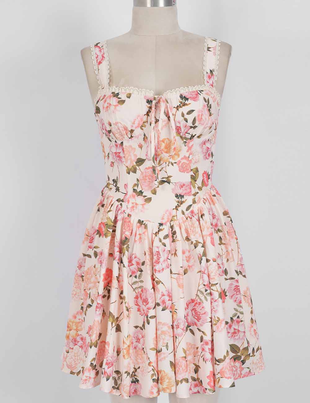 Ladies Boho Floral Square Neck Lace Trim Ruched Mini Dress: Light Yellow / L