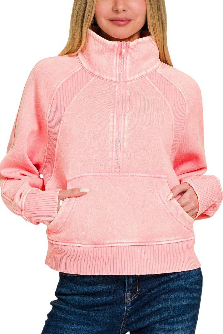 Acid Washed Half Zip Fleece Pullover Kangaroo Pocket: MAUVE / 2-2-2 (S-M-L)