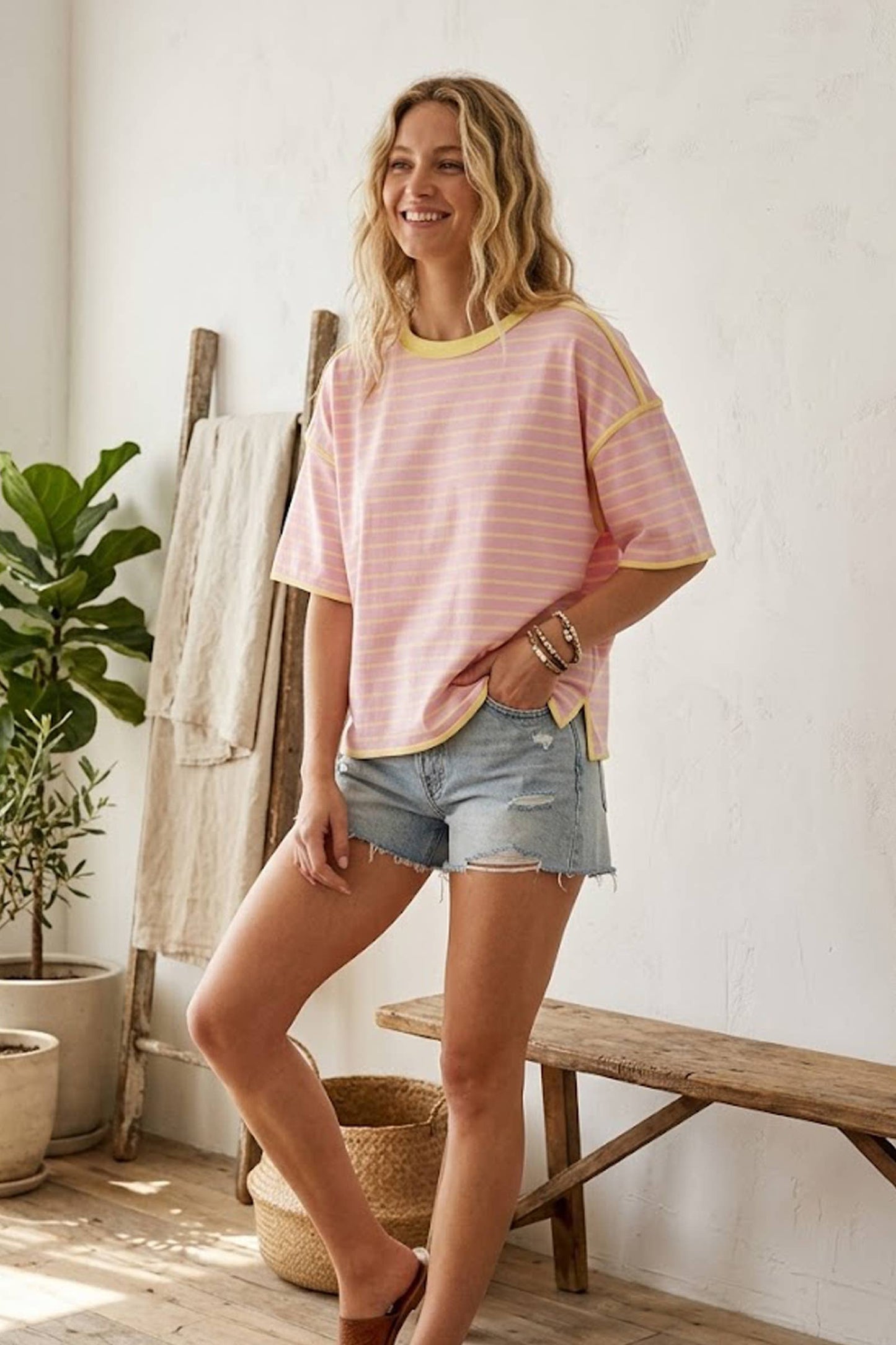 Striped Relaxed Fit Knit Tee: MINT/BLUE / L