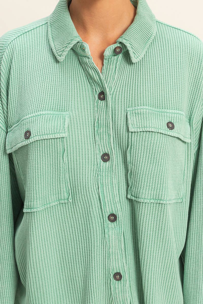 Oversized Mineral Washed Waffle Button Up Shacket: DEEP GREEN / S-M-L(2-2-2)