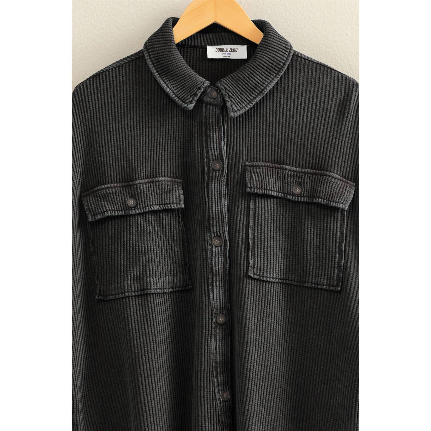 Oversized Mineral Washed Waffle Button Up Shacket: DEEP GREEN / S-M-L(2-2-2)
