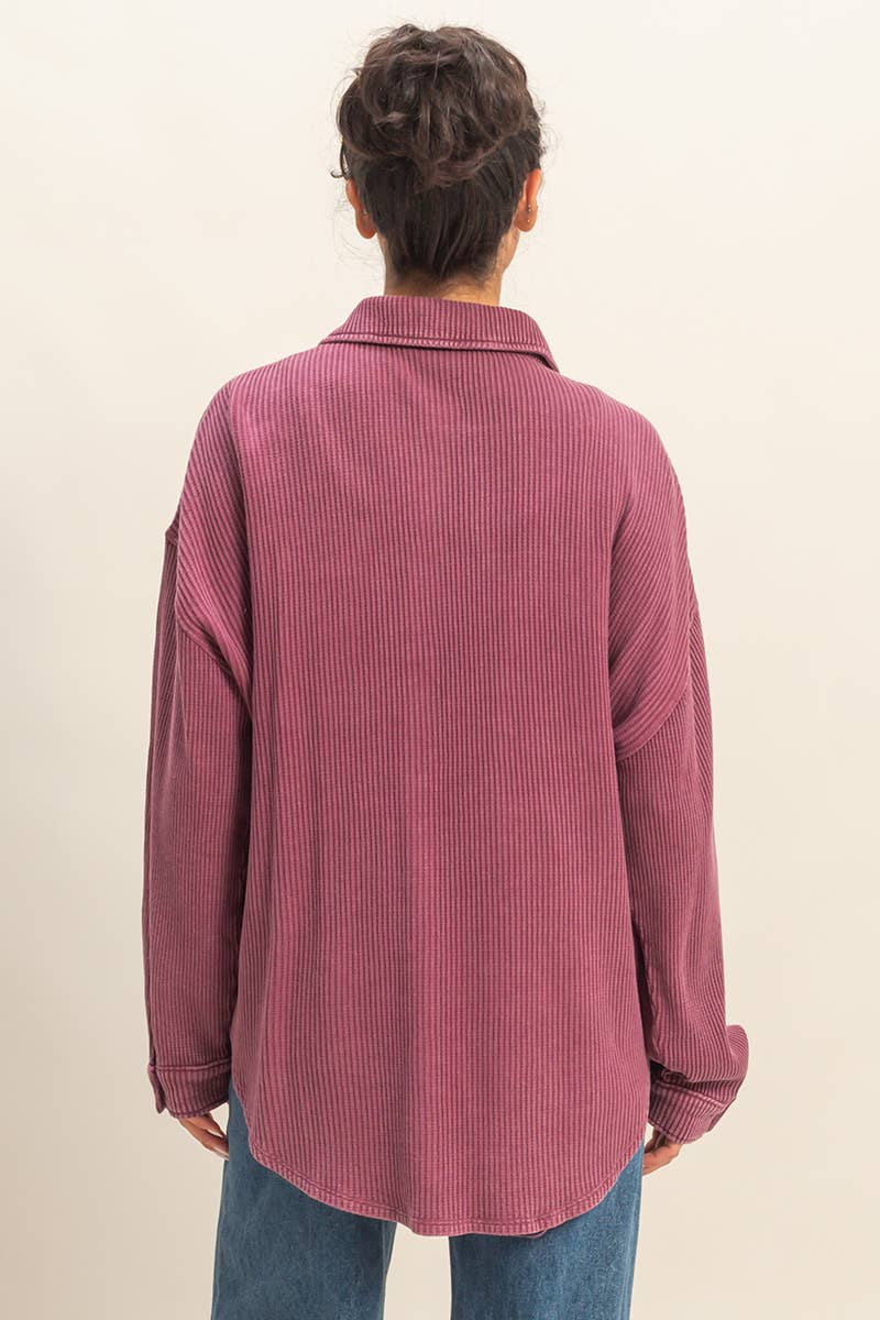 Oversized Mineral Washed Waffle Button Up Shacket: DEEP GREEN / S-M-L(2-2-2)