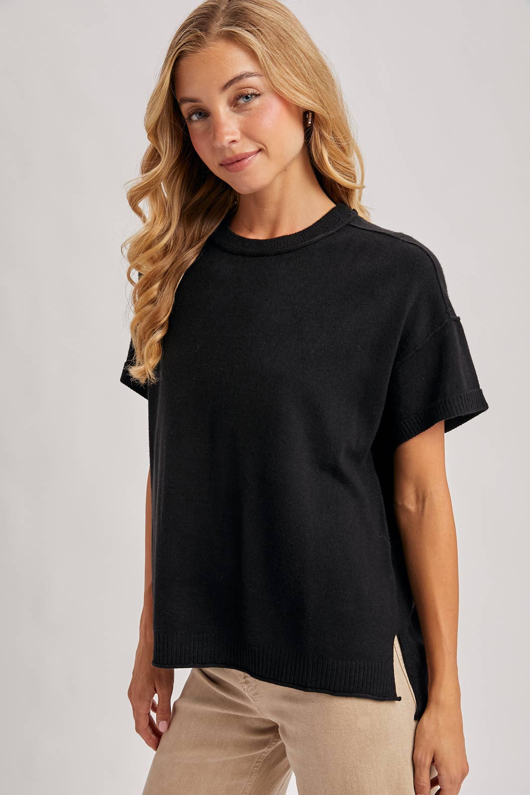 CREW NECK KNIT T-SHIRT: MOCHA