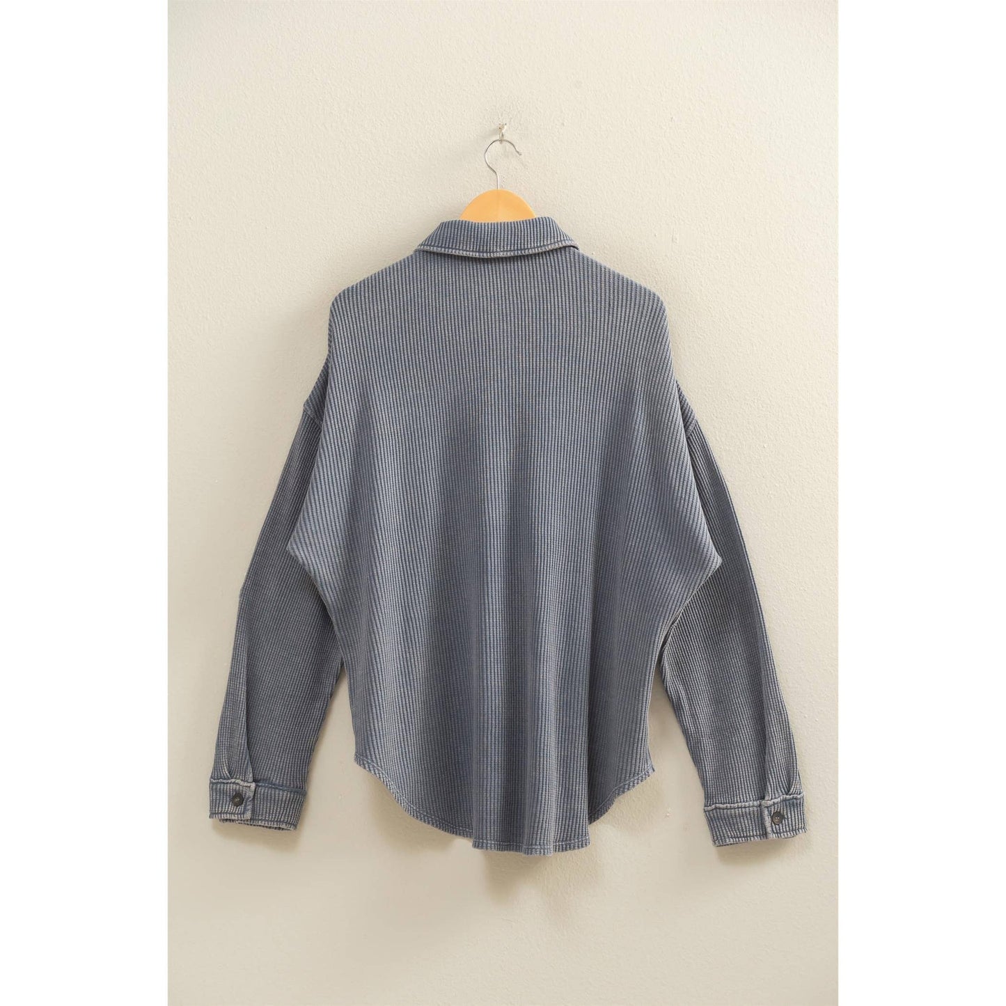 Oversized Mineral Washed Waffle Button Up Shacket: DEEP GREEN / S-M-L(2-2-2)
