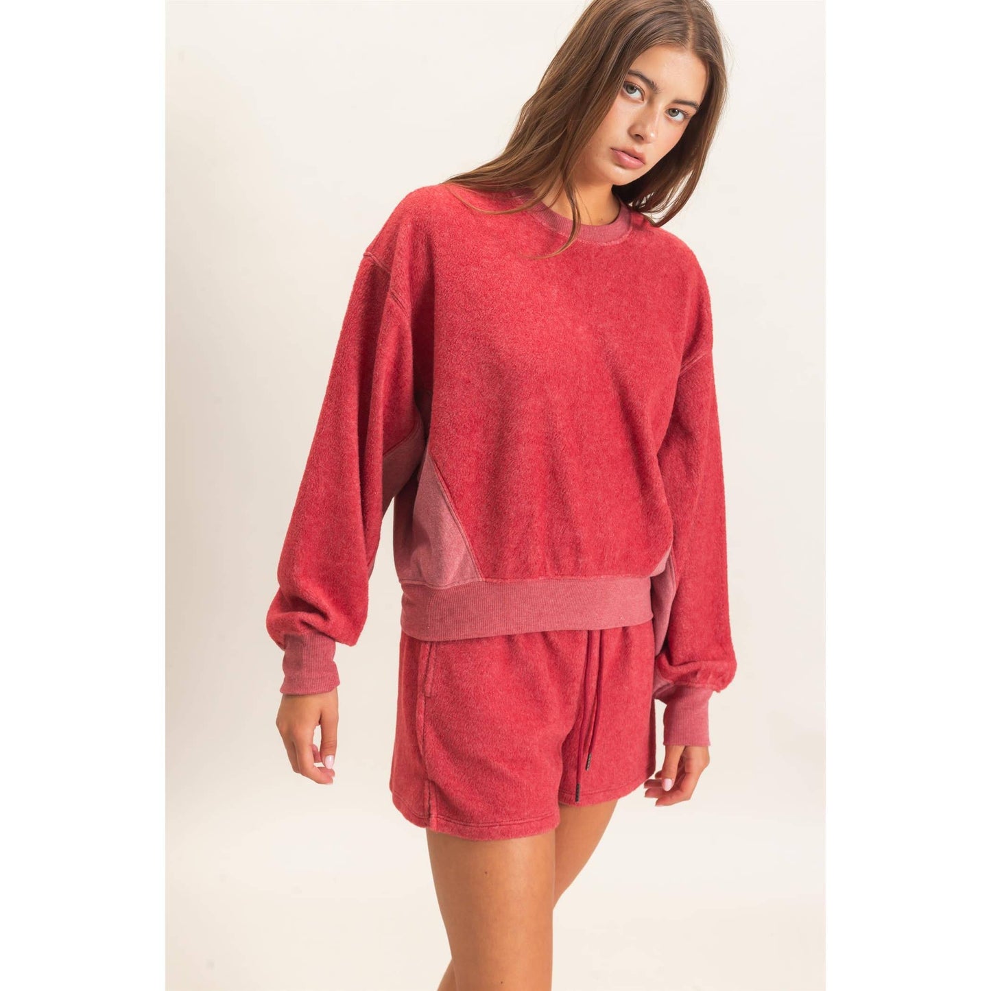 Contrast Sweatshirt & Shorts Set: DARK TEAL / S-M-L(2-2-2)