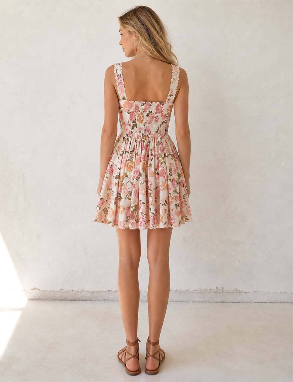 Ladies Boho Floral Square Neck Lace Trim Ruched Mini Dress: Light Yellow / L
