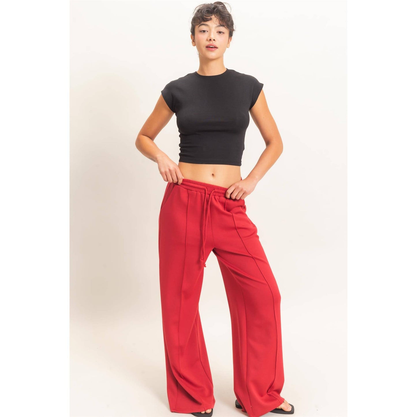 Drawstring Waist Pintuck Wide Leg Pants: DARK RED / S-M-L(2-2-2)