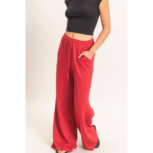 Drawstring Waist Pintuck Wide Leg Pants: DARK RED / S-M-L(2-2-2)