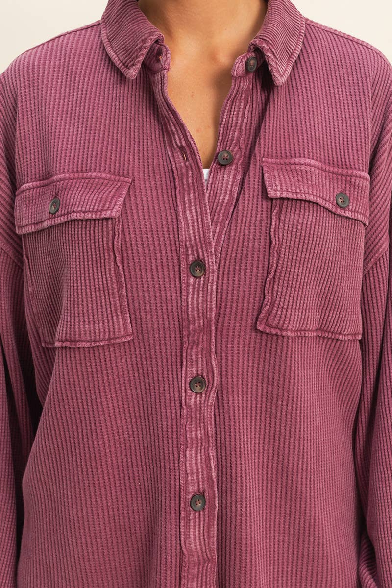 Oversized Mineral Washed Waffle Button Up Shacket: DEEP GREEN / S-M-L(2-2-2)