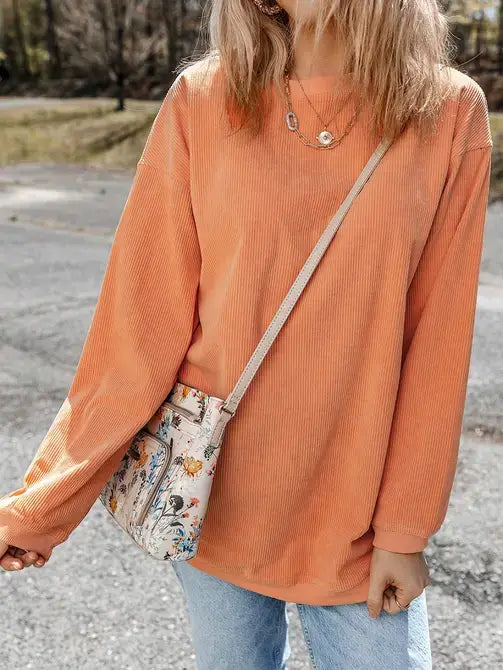 Orange Long Sleeve Ribbed Corded Oversized Sweatshirt: Orange / 100%Polyester / 2XL