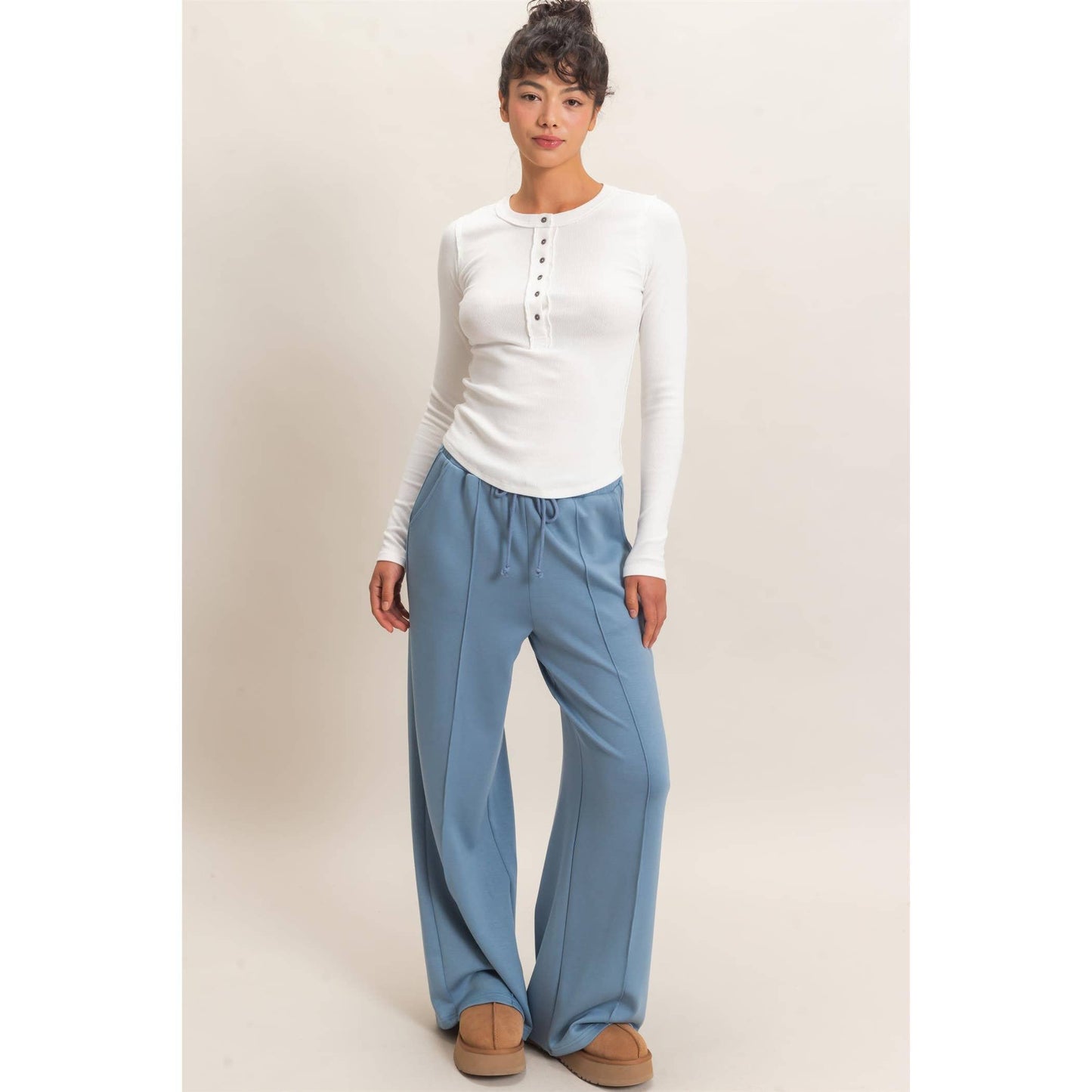 Drawstring Waist Pintuck Wide Leg Pants: DARK RED / S-M-L(2-2-2)