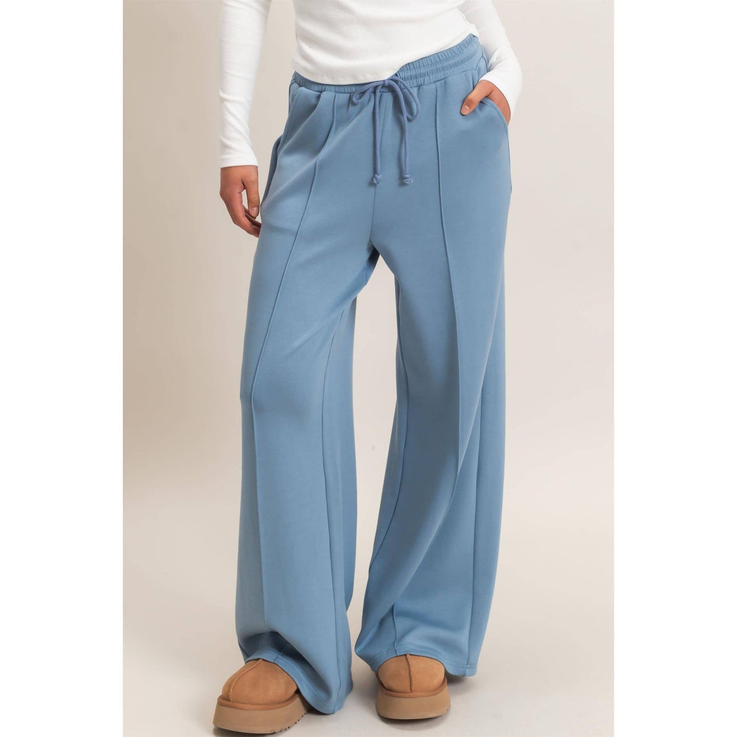 Drawstring Waist Pintuck Wide Leg Pants: DARK RED / S-M-L(2-2-2)