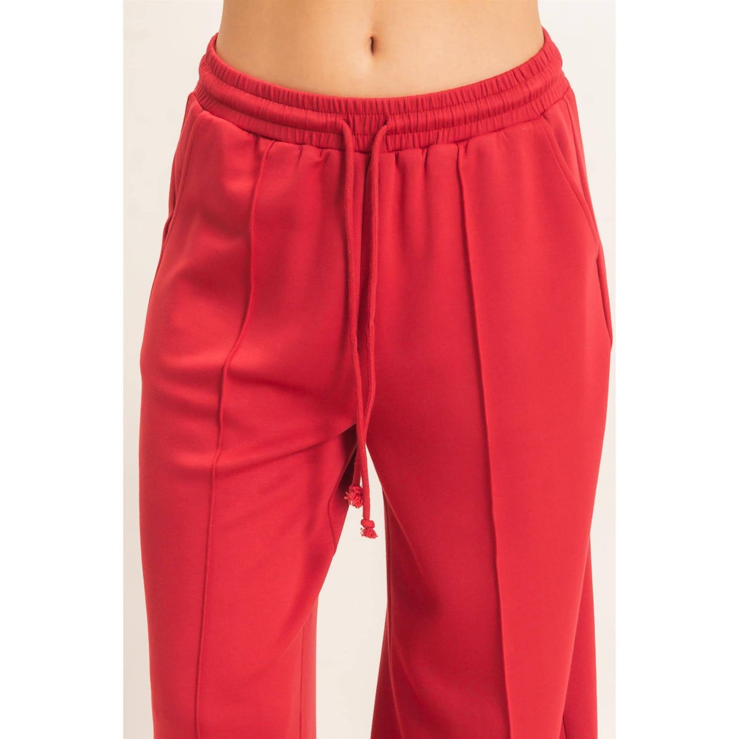 Drawstring Waist Pintuck Wide Leg Pants: DARK RED / S-M-L(2-2-2)