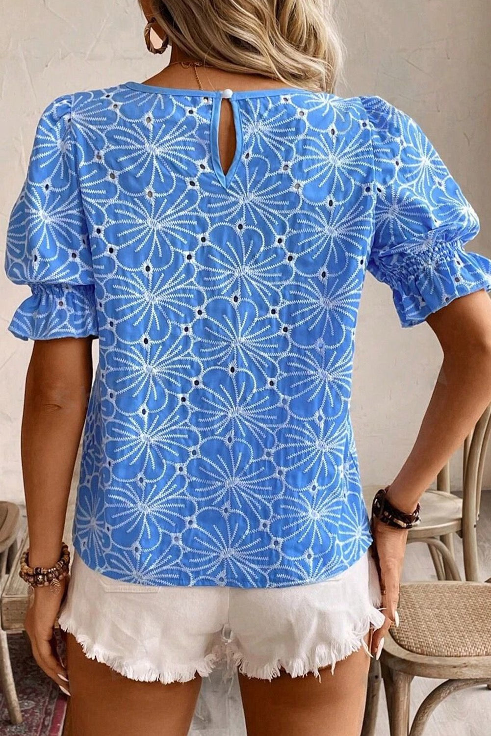 Sky Blue Eyelet Flower Embroidery Blouse