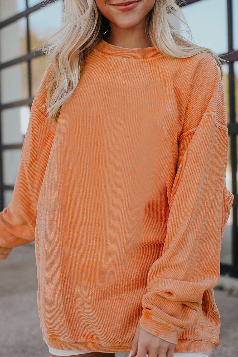 Orange Long Sleeve Ribbed Corded Oversized Sweatshirt: Orange / 100%Polyester / 2XL