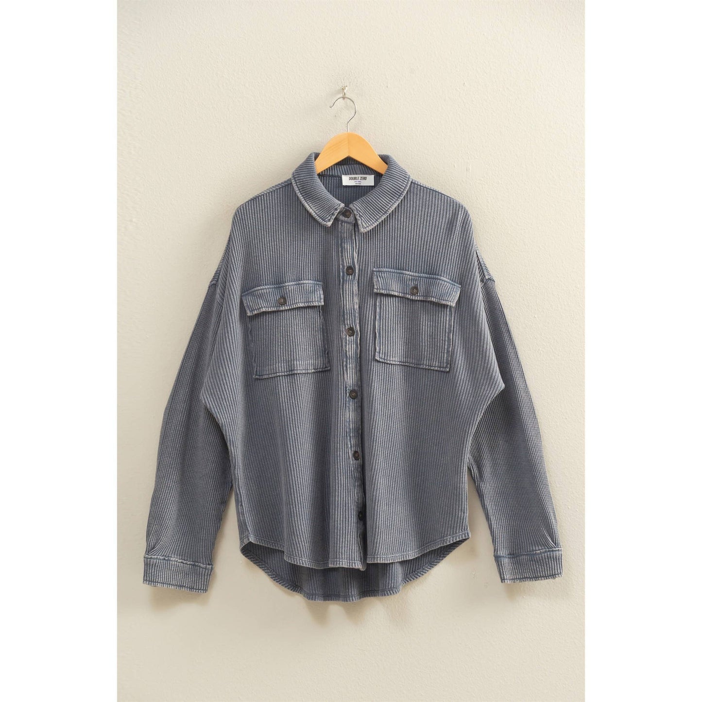 Oversized Mineral Washed Waffle Button Up Shacket: DEEP GREEN / S-M-L(2-2-2)