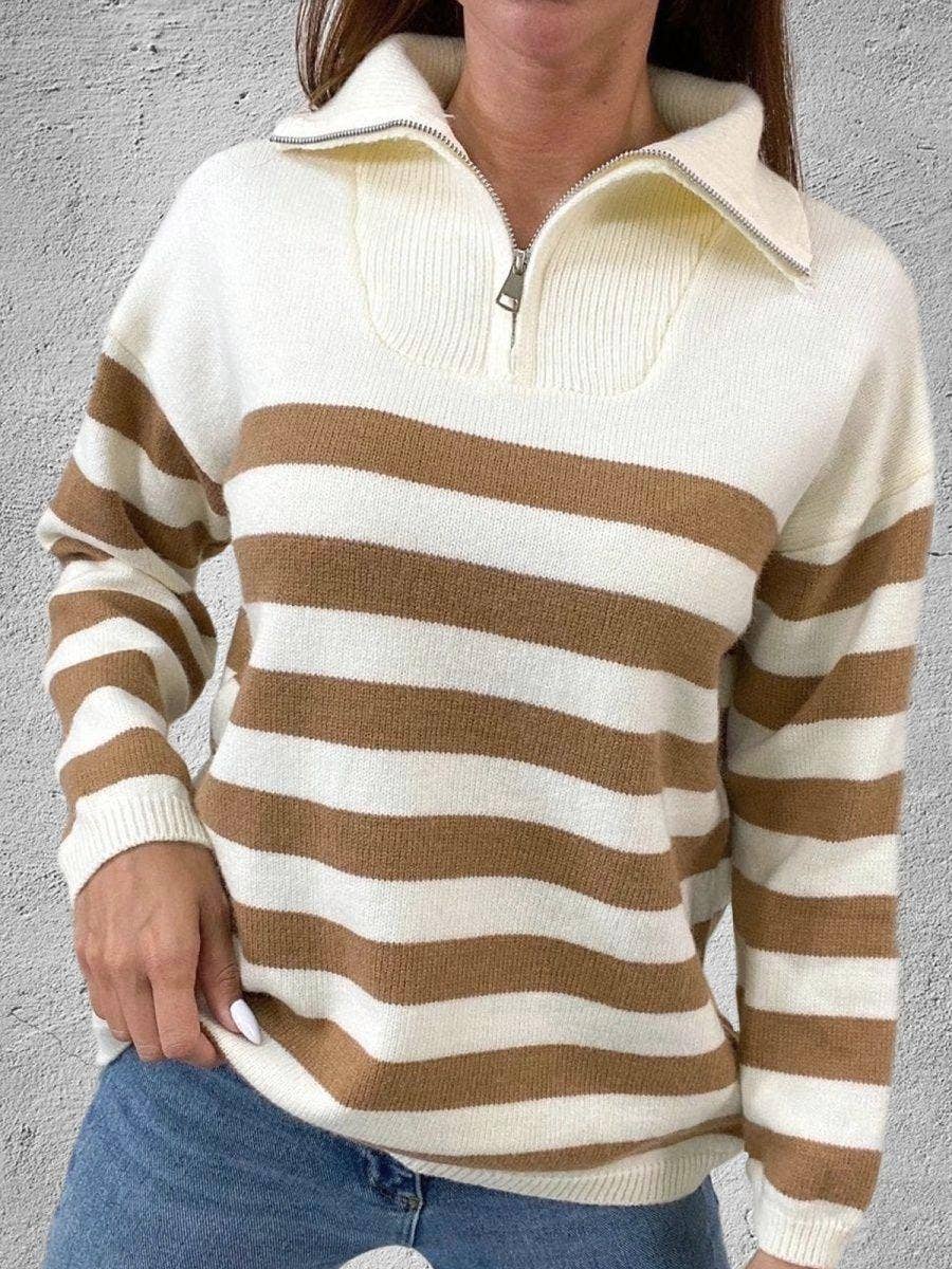 Half-zip striped sweater knit turtleneck sweatshirt: Green / S