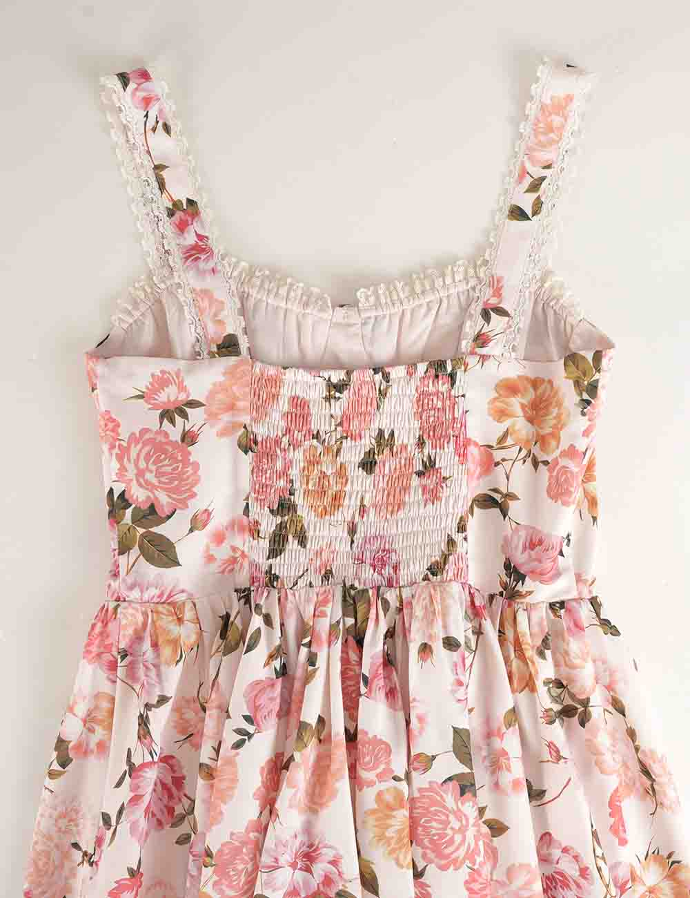 Ladies Boho Floral Square Neck Lace Trim Ruched Mini Dress: Light Yellow / L