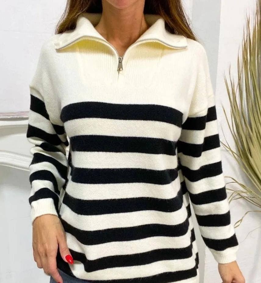 Half-zip striped sweater knit turtleneck sweatshirt: Green / S