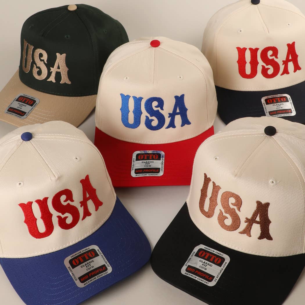 USA Typography Embroidery Two-Tone Trucker Hat : RED/NATL / One Size