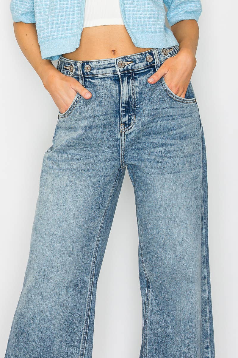 ADJUSTABLE WAISTBAND HIGH RISE BAGGY WIDE JEANS: 7 (27)