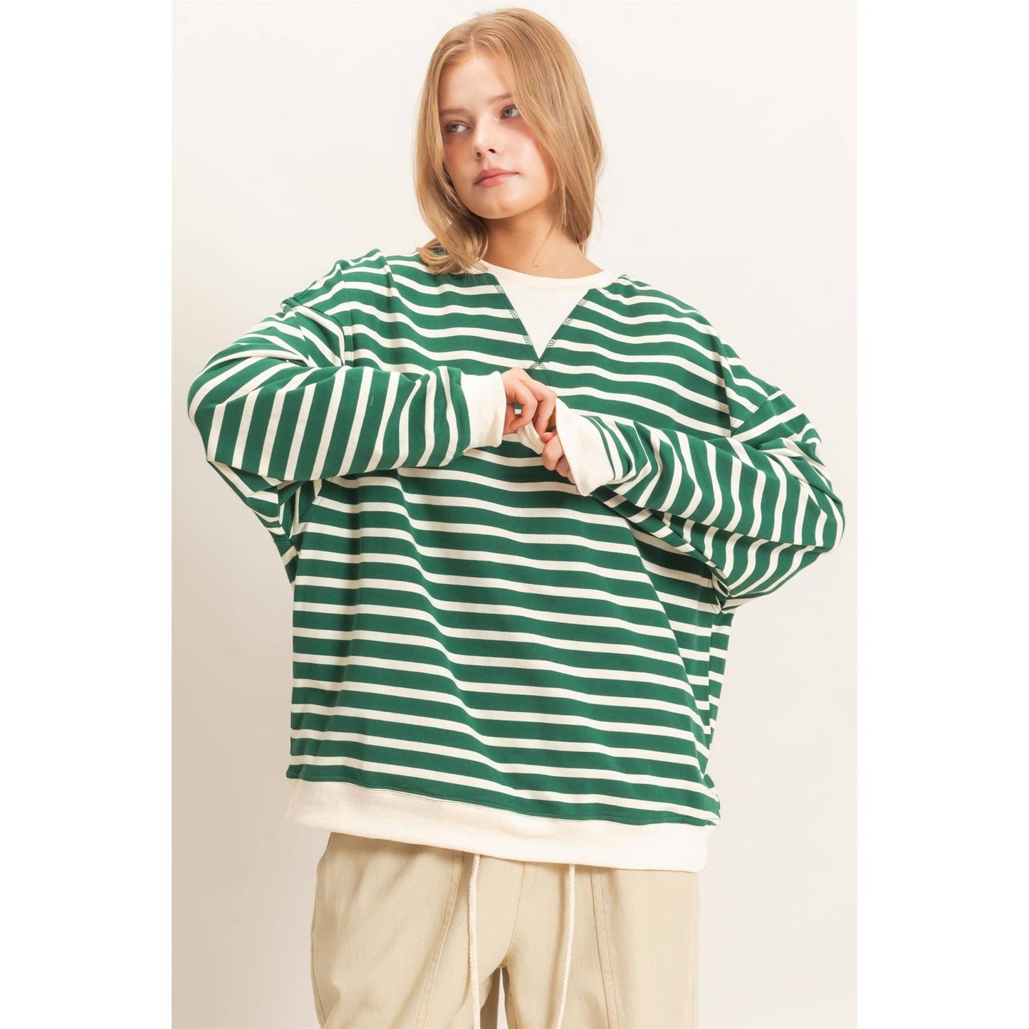 Striped Long Sleeve Pullover: GREEN/CREAM / S-M-L(2-2-2)
