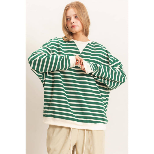 Striped Long Sleeve Pullover: GREEN/CREAM / S-M-L(2-2-2)