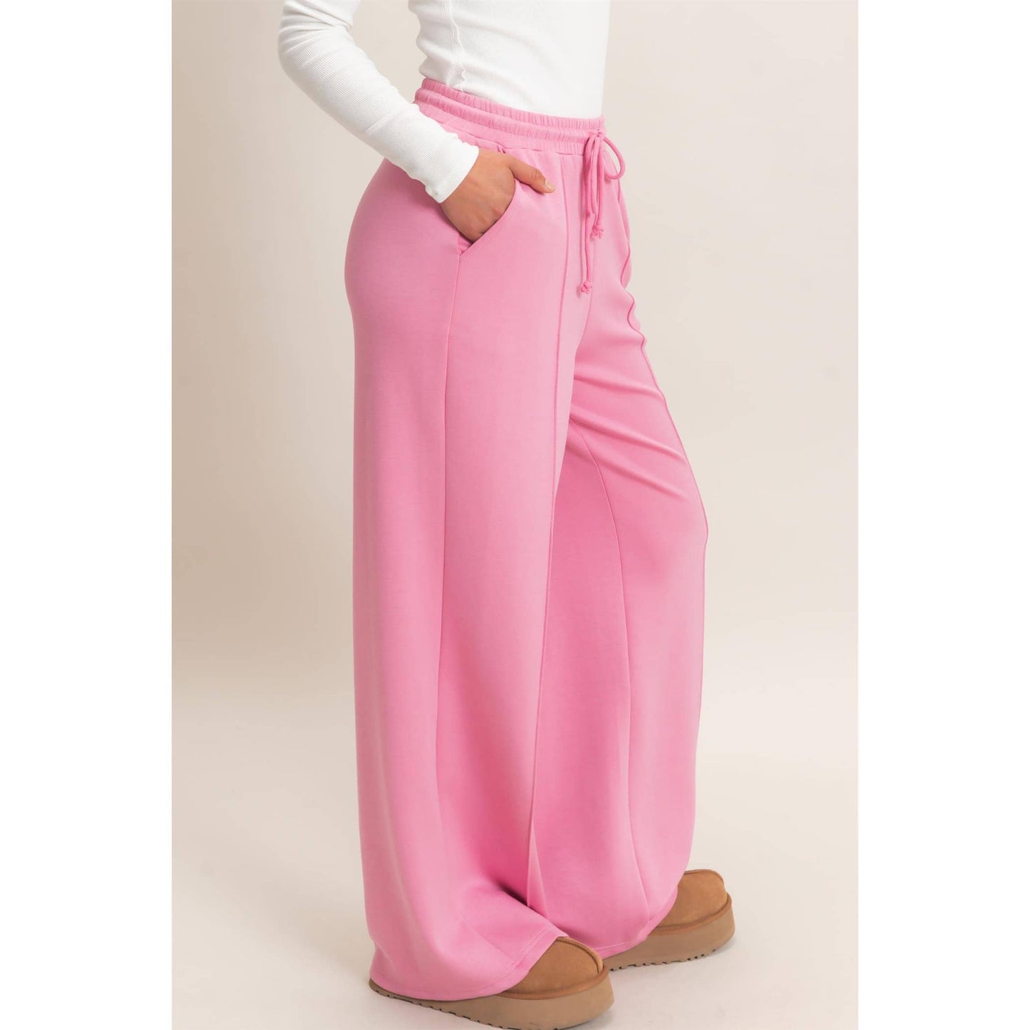 Drawstring Waist Pintuck Wide Leg Pants: DARK RED / S-M-L(2-2-2)