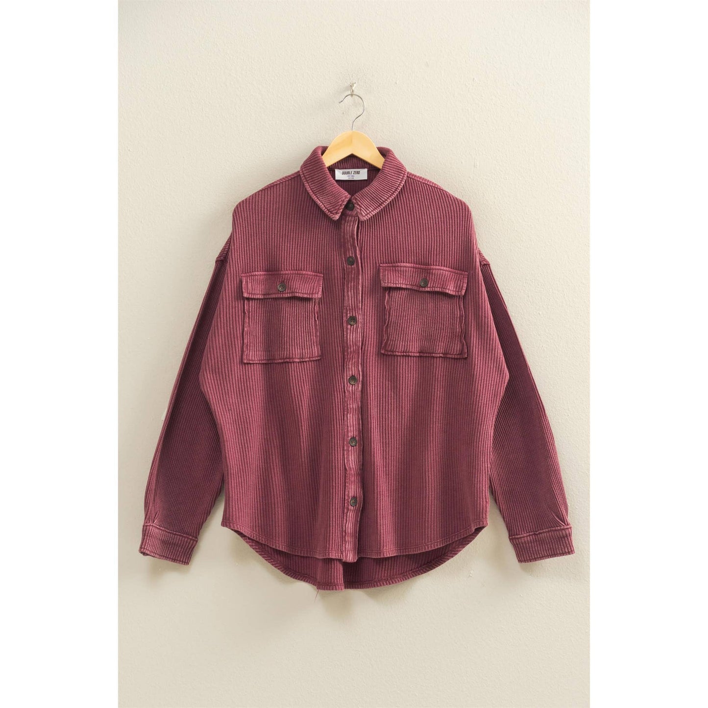 Oversized Mineral Washed Waffle Button Up Shacket: DEEP GREEN / S-M-L(2-2-2)