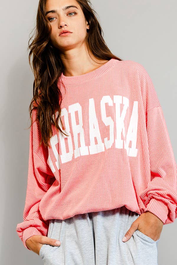 T1770N 'NEBRASKA' Comfy Oversize Graphic Sweatshirt: COFFEE / S-M-L (2-2-2)