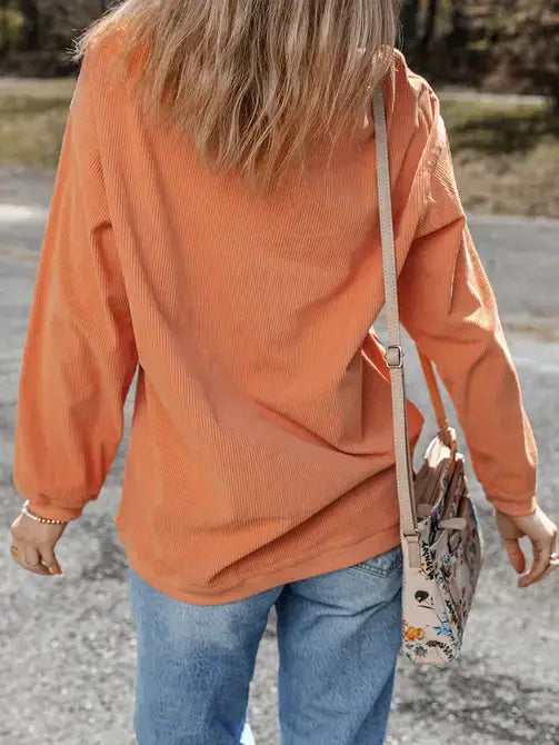 Orange Long Sleeve Ribbed Corded Oversized Sweatshirt: Orange / 100%Polyester / 2XL