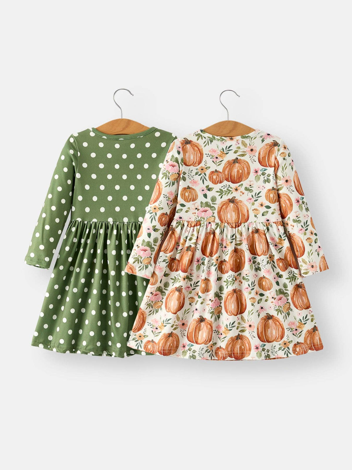 Fall Thanksgiving & Halloween Pumpkin Floral Print Long Sleeve Dress（2pcs）: 1/2Y