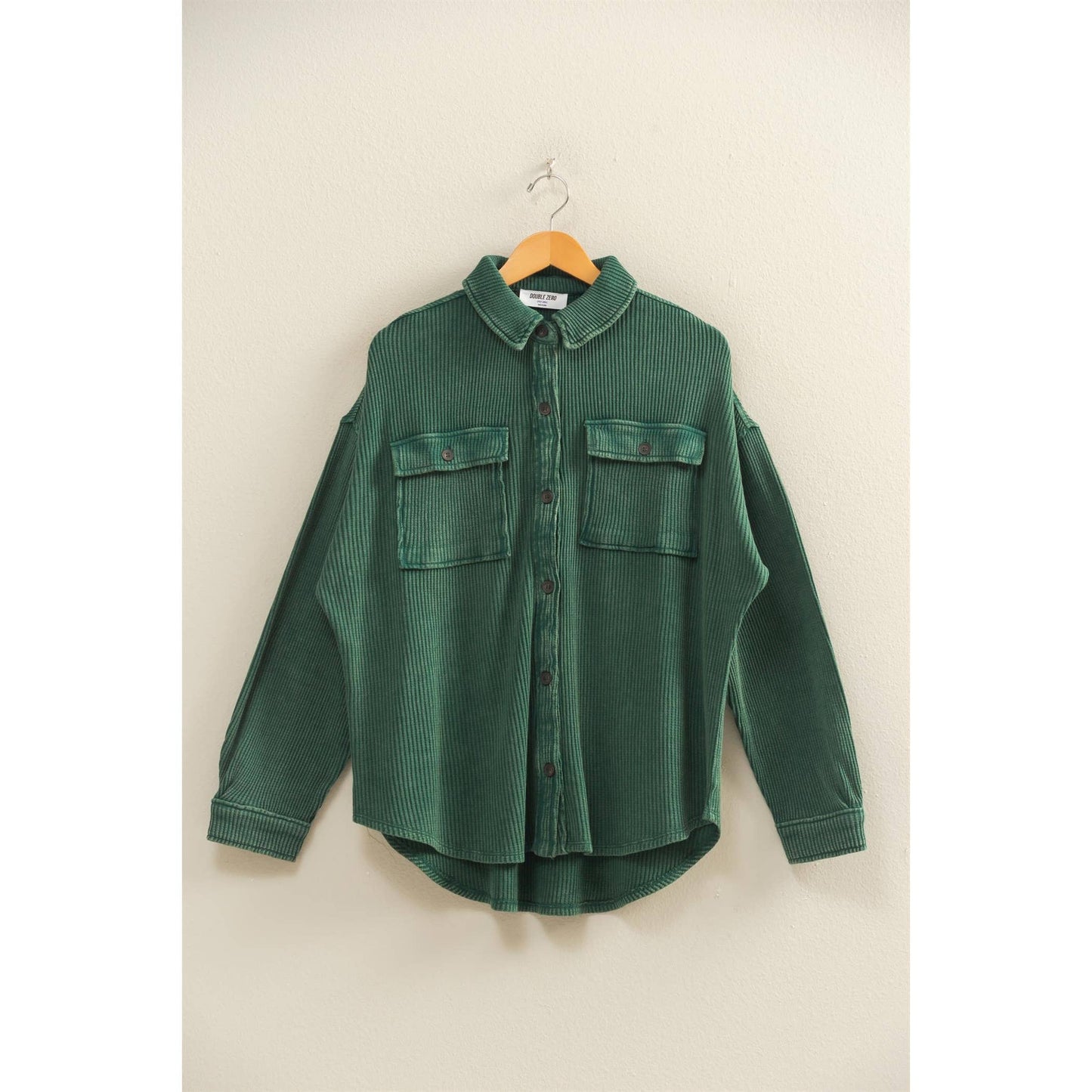 Oversized Mineral Washed Waffle Button Up Shacket: DEEP GREEN / S-M-L(2-2-2)