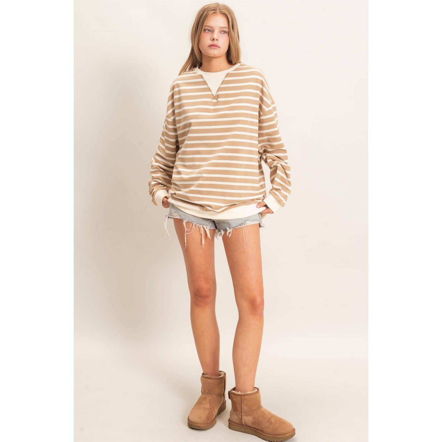 Striped Long Sleeve Pullover: GREEN/CREAM / S-M-L(2-2-2)