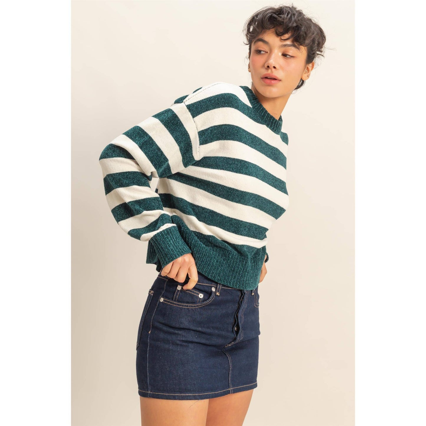 Striped Sweater With Ribbed Edge: DEEP GREEN/WHIP CREAM / S-M-L(2-2-2)