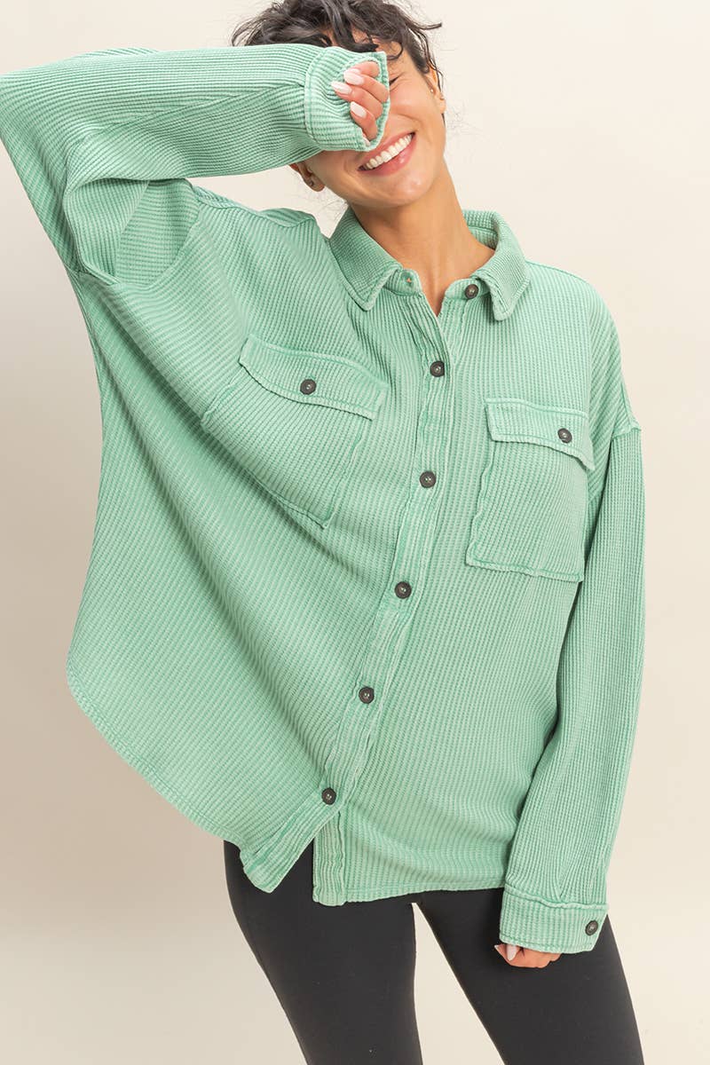 Oversized Mineral Washed Waffle Button Up Shacket: DEEP GREEN / S-M-L(2-2-2)