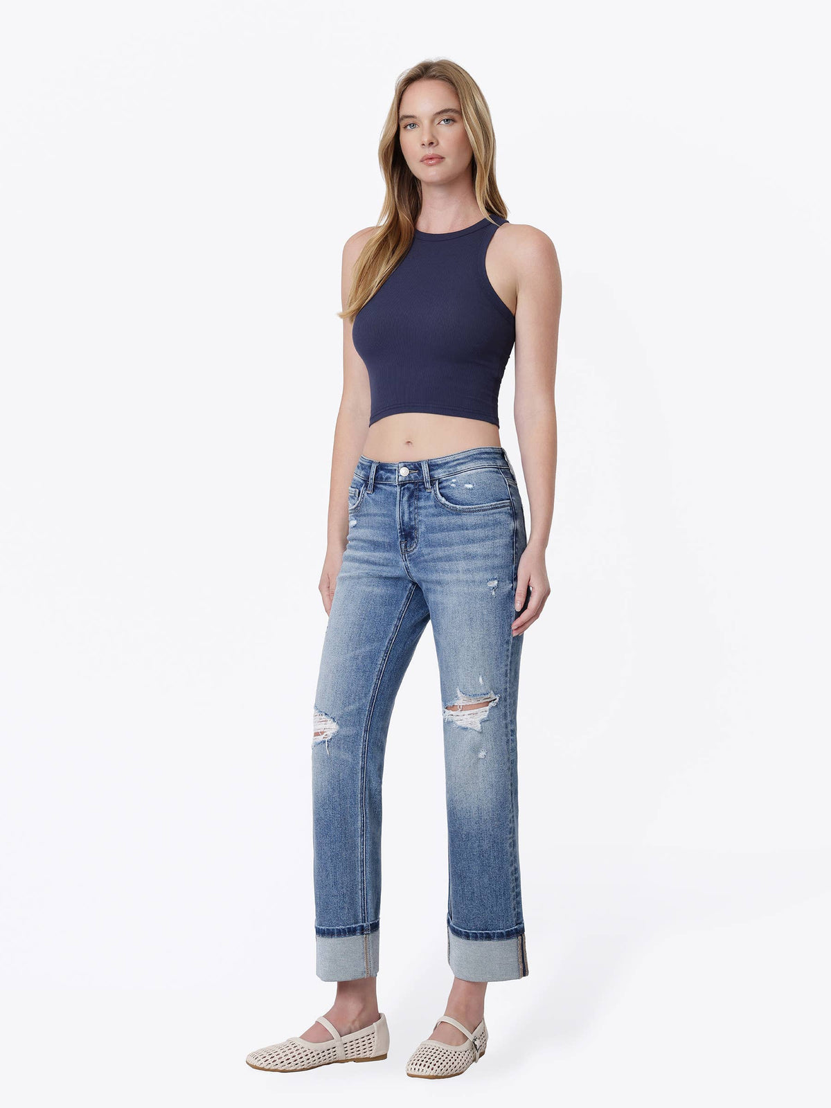 MID RISE DISTRESSED CUFFED CROP STRAIGHT JEANS
