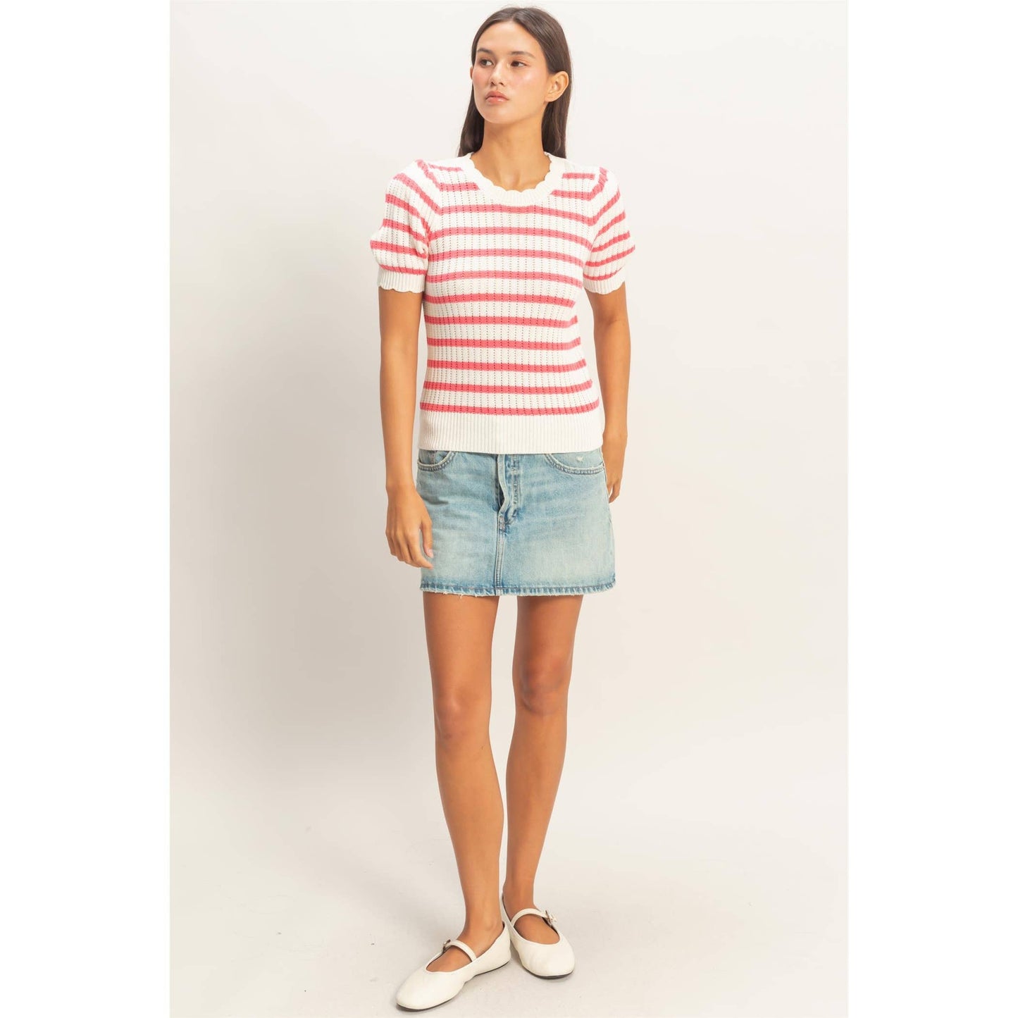 Striped Scallop Edge Puff Sleeve Knit Top: TAUPE / S-M-L(2-2-2)