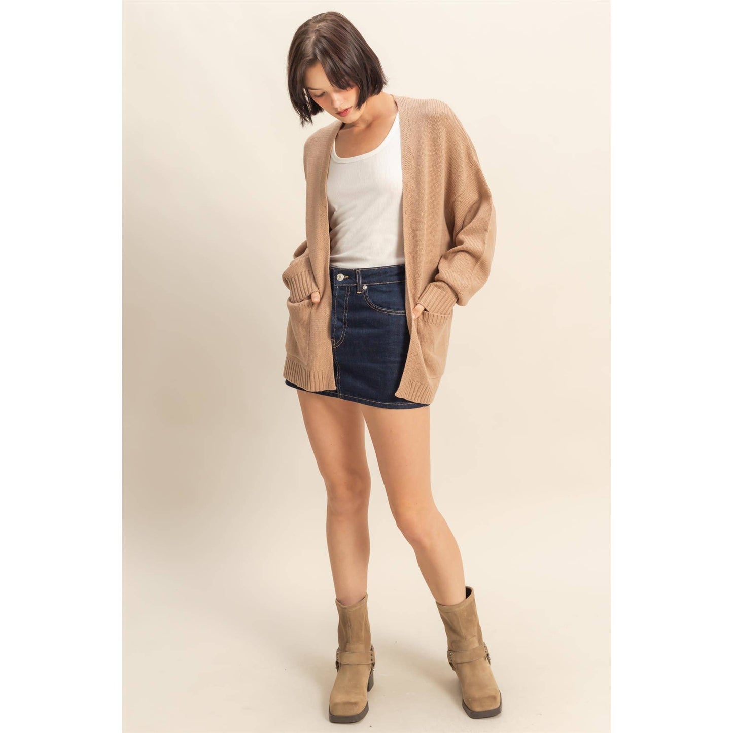 Oversized Open-Front Cardigan Sweater With Pockets: RED / S-M-L(2-2-2)