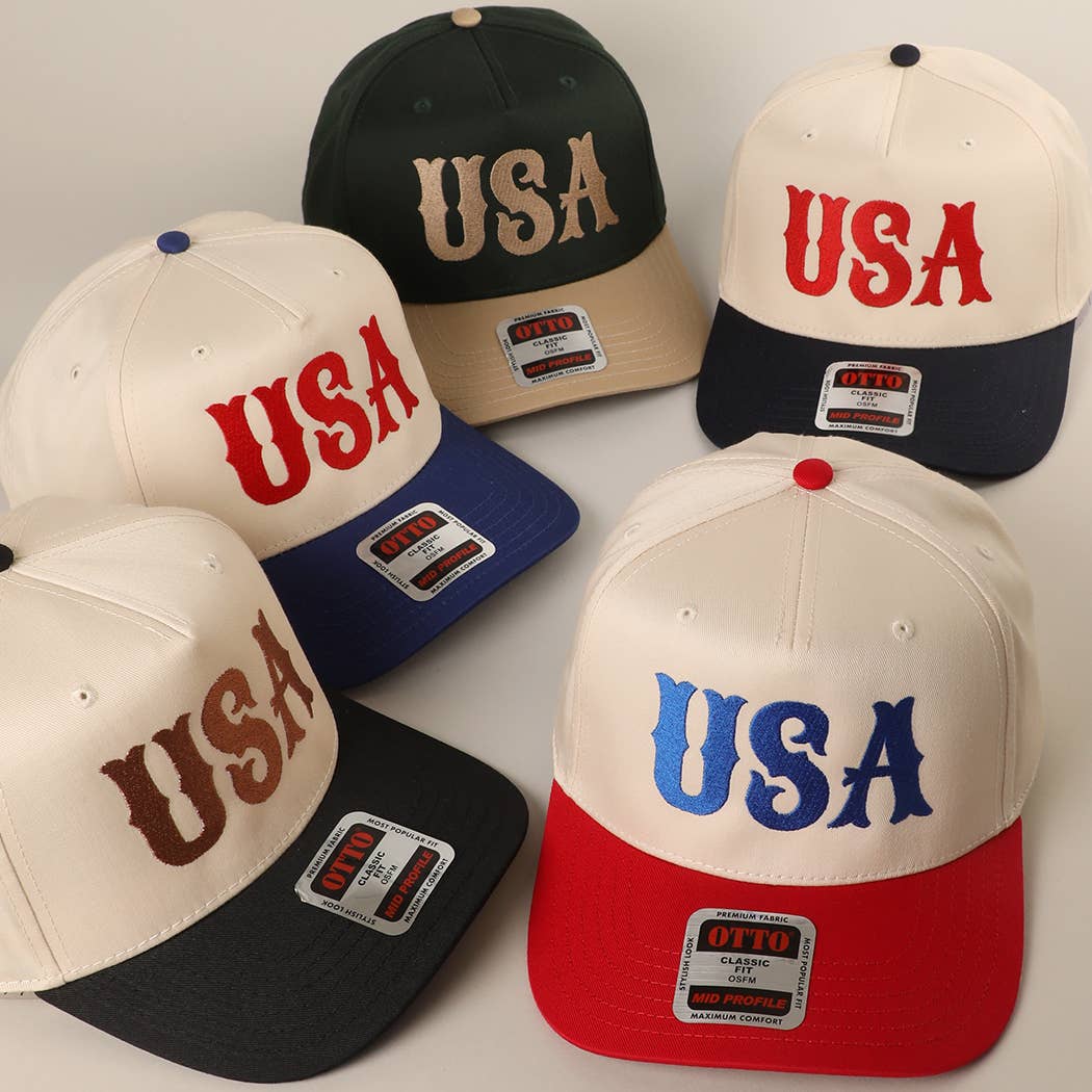 USA Typography Embroidery Two-Tone Trucker Hat : RED/NATL / One Size